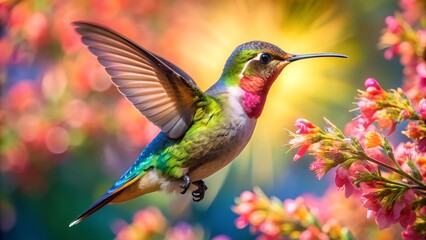 Fototapeta premium Ultra hd macro Colorful humming bird are flying near flowers and pecking at water droplets falling from beautiful wild flowers pollen. 