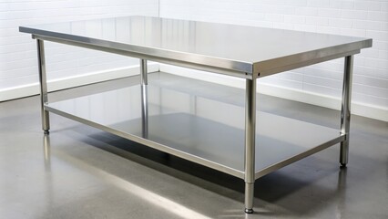 Polished stainless steel table with sleek modern design, reflective surface, and clean lines, ideal for commercial kitchens, laboratories, or industrial settings.