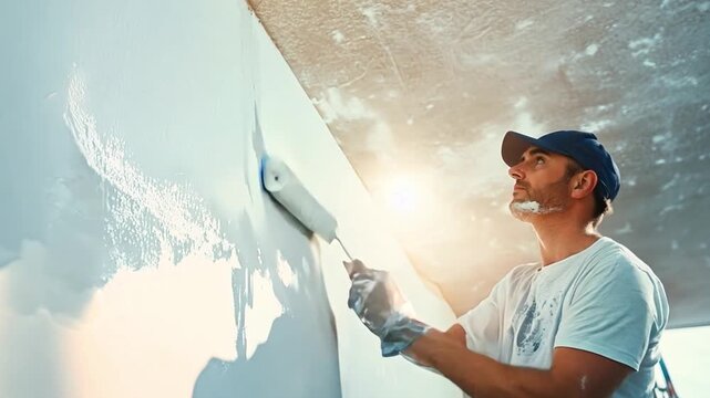 A man painted a white wall with a paint roller, concentrating on the even application of paint for a home makeover.