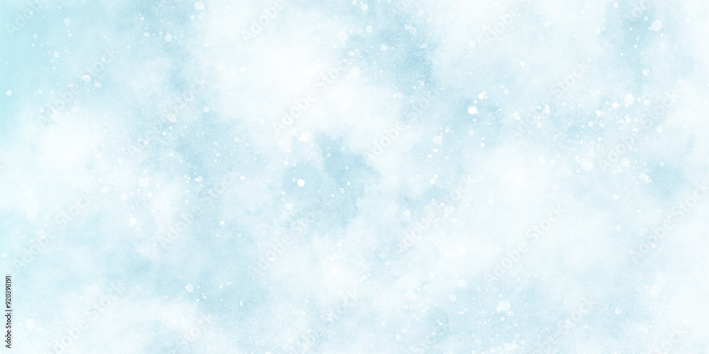 Wall mural blue snow background with clouds, light blue bokeh background for design, beautiful blue watercolor 