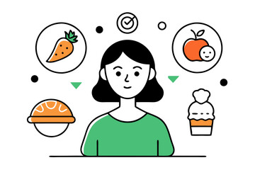 Healthy vs Unhealthy Food Choice Woman Contemplating Organic or Junk Snacks - Line Art Doodle Vector