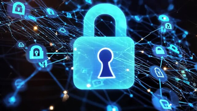 Blue lines that are connected to represent data flow and high-speed internet, with locks for privacy and cyber-security overlaid.