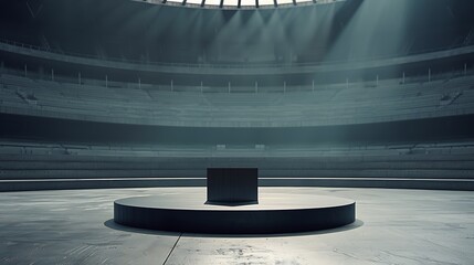 Sleek, minimalist podium in a deserted stadium, perfect for product presentations and awards.