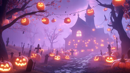 Fototapeta premium halloween pumpkins in dark forest, with black castle, flat vector illustration background