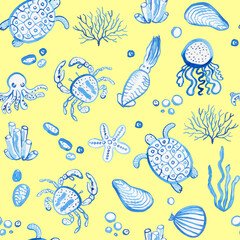 Marine life watercolor seamless pattern. Hand drawn underwater animals and shells on isolated background. Jellyfish and crab monochrome children cute image. Seaweed and pebbles endless background