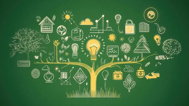 Environment, society, and governance icons intertwined with clean energy symbols on a green background, showcasing the role of natural gas in ethical energy networks.
