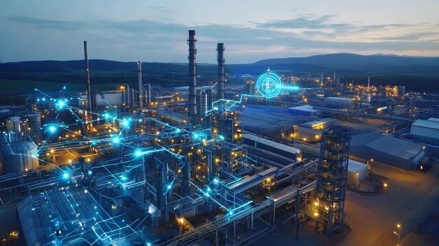 An industrial area captured by a drone is blended with a communication network concept to highlight industrial connectivity.