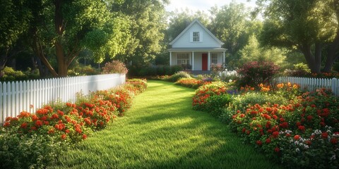 Fototapeta premium Welcoming Suburban Retreat with Colorful Floral Landscape, generative ai