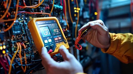 Engineer hand holding an AC multimeter, inspecting the voltage of the electric current at the circuit breaker terminal for electricity and electrical maintenance services.