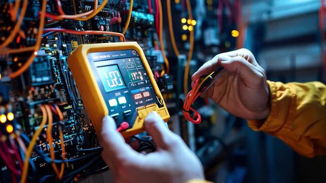 Engineer hand holding an AC multimeter, inspecting the voltage of the electric current at the circuit breaker terminal for electricity and electrical maintenance services.