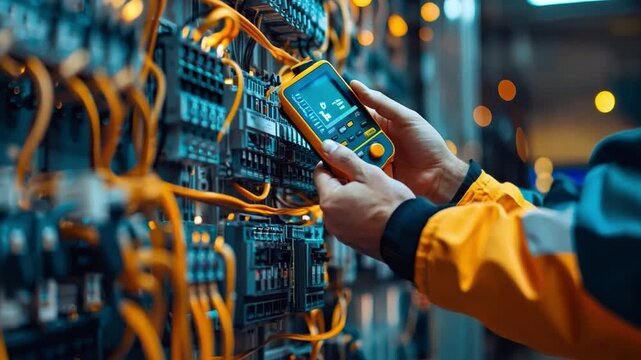Engineer hand holding an AC multimeter, inspecting the voltage of the electric current at the circuit breaker terminal for electricity and electrical maintenance services.