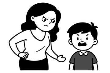 Angry Mom Scolding Upset Son Line Art Doodle of Mother and Crying Kid Argument Vector Illustration