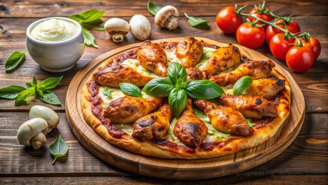 Savory combination of juicy chicken wings and a freshly baked pizza, garnished with melted mozzarella cheese and fresh basil, on a wooden table setting. - Powered by Adobe