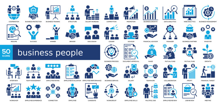 business people Icon Collection glyph color style. cooperation, business protection, business training, structure, and salary increase