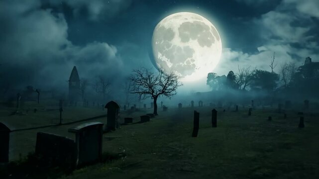 Halloween background. An old rickety tombstones in an abandoned cemetery under the full moon. FHD video.