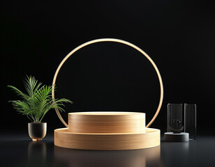 Luxurious round black podium in a black empty room with gold glitter in a circle.Abstract vector rendering of a 3d shape for the presentation of cosmetic products. Mini stage, studio. Generative Ai.