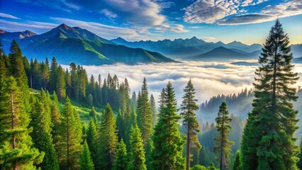 Serene landscape of towering pine trees stretching towards a clear blue sky, their lush green canopies a vibrant contrast against the misty mountain background.