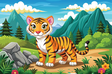 background view of cute tiger animal in mountain forest and pine trees around river.