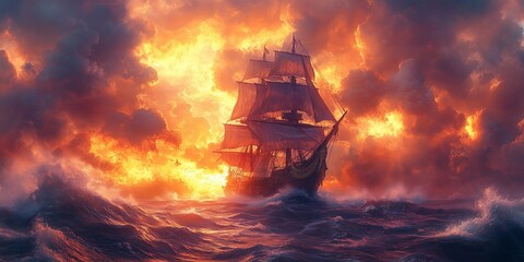 Obraz premium Majestic Pirate Ship Battling Stormy Seas with Full Sails, generative ai