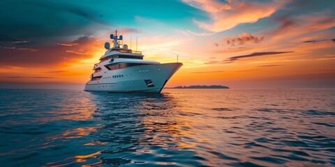 Obraz premium A breathtaking luxury yacht elegantly sailing at sunset, creating a serene and picturesque ambiance all around