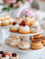 different mini cakes on fancy stand on an terrazzo white table,  Generative AI