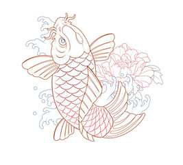 Koi Irezumi line illustration, koi fish, line work completed. Oriental painting tattoo design