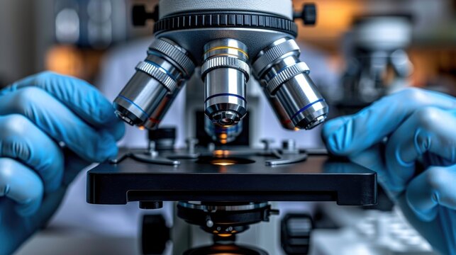 Microscope setup in a laboratory. A scientist is adjusting the focus with blue gloves. An essential tool for biological and medical research.