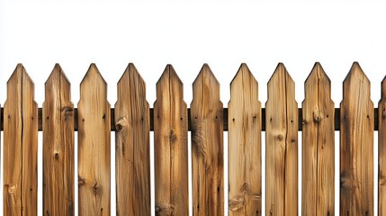 Fototapeta premium Wooden Picket Fence With Clean Cut Boards And Natural Brown Tones For Outdoor Decoration Isolated on White Background