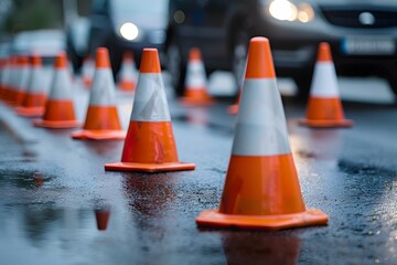 Traffic Cones Lining a Wet Roadway Amidst Vehicles