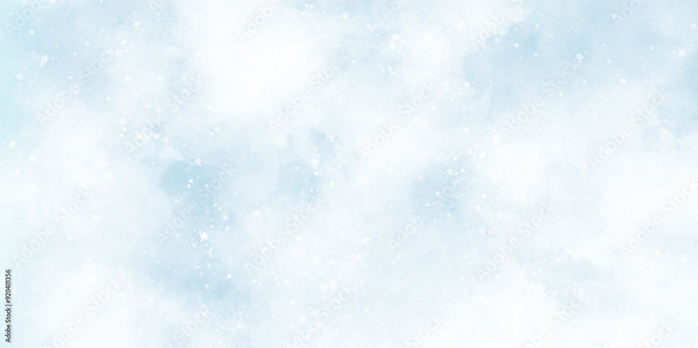 Wall mural blue snow background with clouds, light blue bokeh background for design, beautiful blue watercolor 
