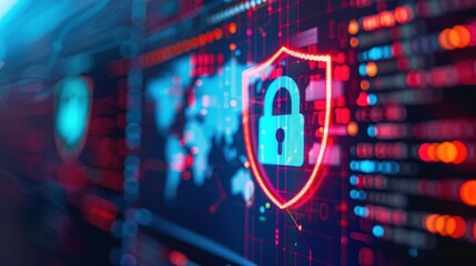 Obraz premium Cybersecurity Shield and Padlock on Digital Monitor, a vibrant visual representation of online protection, highlighting the importance of securing digital environments against threats.
