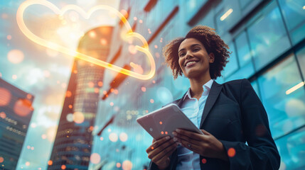 Beautiful smiling business woman in a suit holding a tablet with a digital cloud in the air on business center background. Digital cloud service, app, network, security, database, interface, support