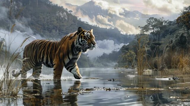Majestic Tiger in the Misty Mountains: A powerful Bengal tiger strides through a serene mountain landscape, its stripes a breathtaking contrast against the soft, ethereal mist. The scene evokes a sens