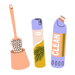 Toilet brush, cleaning product and air freshener image. Auxiliary means for coping with the natural needs of the body. Toilet theme. Vector illustration. Transparent background.