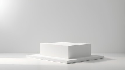 Fototapeta premium A simple, rectangular podium with a clean, white surface, placed in a bright, well-lit space, ideal for mockups or product displays.