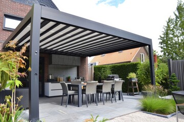 A contemporary aluminum pergola covers a modern outdoor patio kitchen, featuring a dining table with seats and a state-of-the-art BBQ grill, creating an inviting space for entertaining and cooking