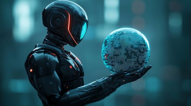 An AIpowered robot holding a glowing holographic world, symbolizing the future of global connectivity