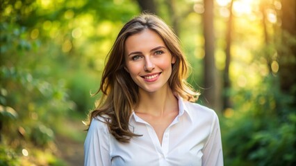 Smiling young woman wearing a crisp white blouse with rolled up sleeves and a relaxed posture, exuding confidence and serenity in a natural setting.