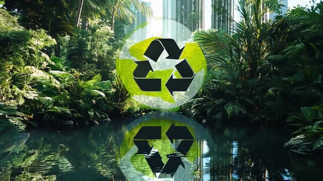 A 3D-illustrated pond with a recycling symbol at its core, nestled in a pristine jungle setting, showcases the ecological imperative of recycling and reusing resources