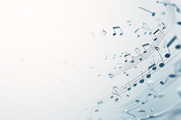 A 3D music staff with notes and clefs gracefully arcing across a serene backdrop, leaving ample copy space for customization.