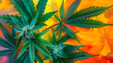 Marijuana leaves on a colorful background, close up top view on cannabis leaves and branches on colorful background for alternative medical and marketing design concept