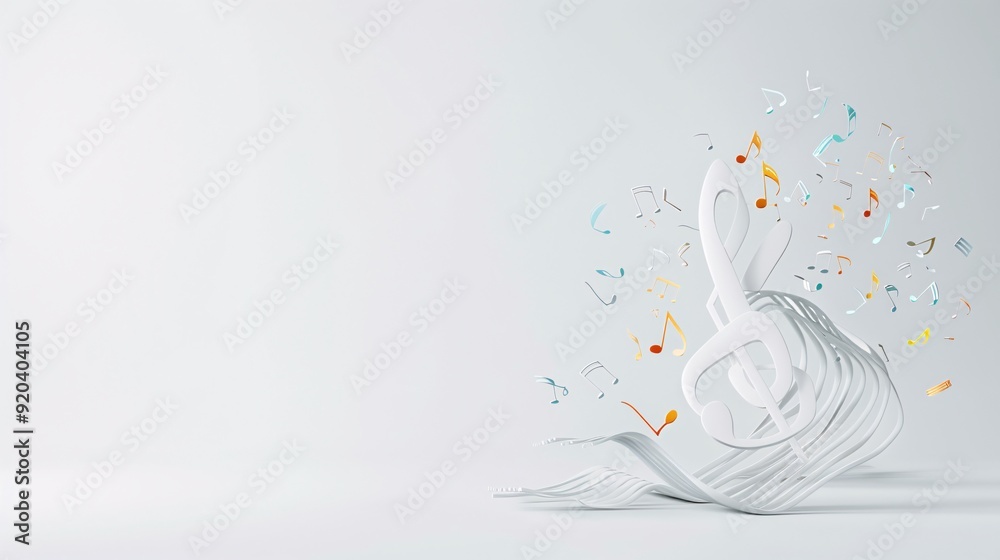Poster a 3d rendered treble clef and notes emerging from a light background, creating a harmonious scene wi