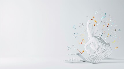 A 3D rendered treble clef and notes emerging from a light background, creating a harmonious scene with ample copy space.