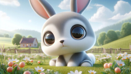 Adorable 3d rabbit with big eyes on the meadow of a farm