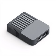 240805 84. Gray colored external hard drive, white background, 3D Rendering, isometric, rugged design with rubberized corners, ventilation grills