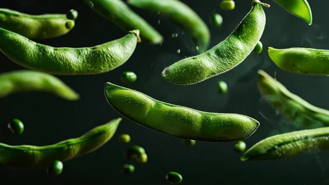 Edamame Dance: A symphony of vibrant green edamame pods gracefully floats in mid-air, suspended against a dark backdrop, inviting viewers to savor the essence of freshness and flavor. 