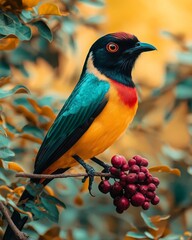 Fototapeta premium A tall, exotic bird perched on a branch, its colorful feathers shimmering in the light, as it pecks at a juicy piece of fruit