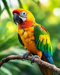 Fototapeta premium A tall, exotic bird perched on a branch, its colorful feathers shimmering in the light, as it pecks at a juicy piece of fruit