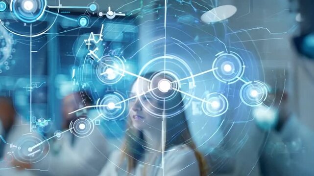 A diverse group of healthcare providers is in a conference room, discussing AI-powered medical insights and data-driven decision-making.