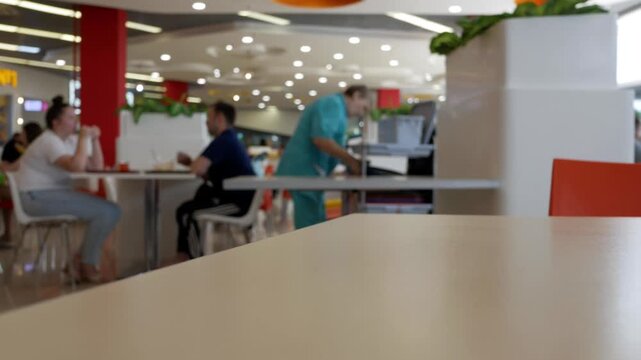 Unrecognizable people in fast food cafe. Cleaner is cleaned on the table. Restaurant staff member are cleaning. Food court. Blurred background